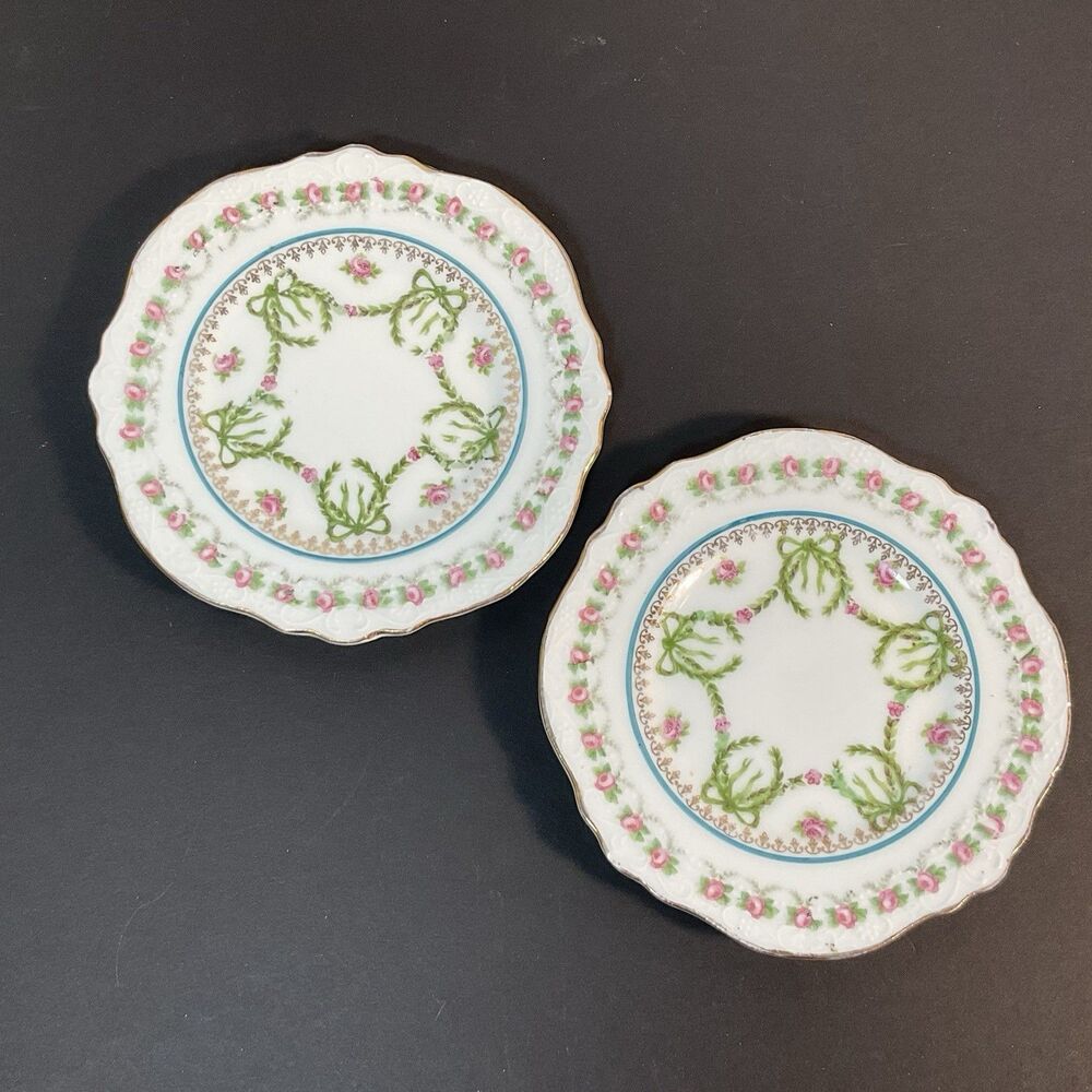 Set of 2 Imperial Crown China Austria Bread Plates Green Pink Swag 5” Butter Pat